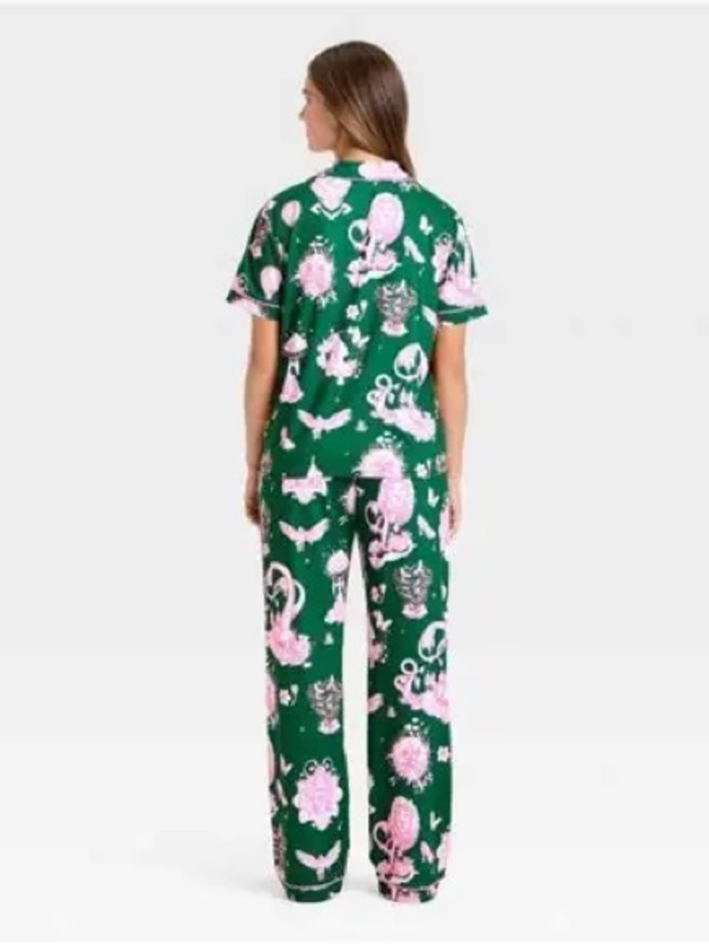 Women's Wicked Elphaba Green & Pink Floral Button-Down Pajama Set - Picture 2 of 2